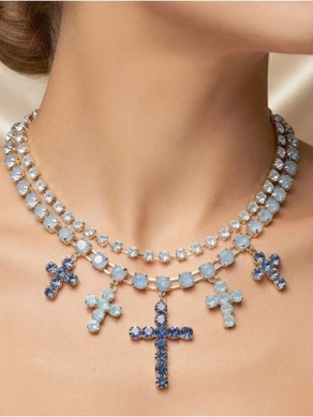 BRAND NEW WITH TAGS Blue Crystal Cross Charm Statement Necklace